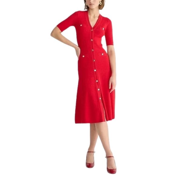 J. Crew Red Elbow Sleeve Midi Dress NEW Gold Button Up Rib-knit Sweater Size XL - Picture 1 of 7